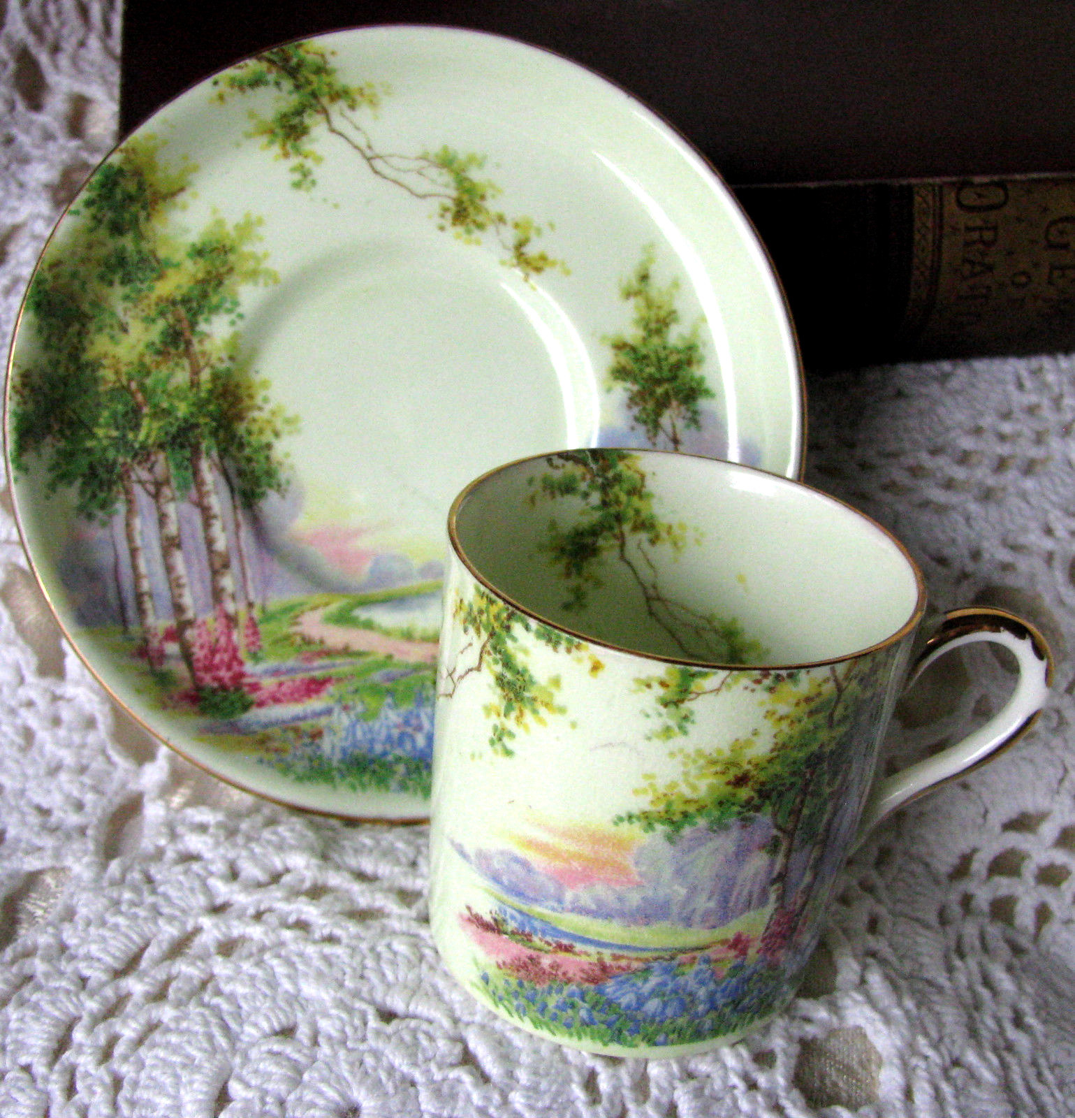 Aynsley Bluebell Time Demitasse Cup and Saucer c.1930s Birch Trees Garden Scene