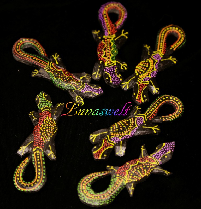 Gecko Holzmagnet KÃ¼Hlschrank Magnet Albesia Holz Punktbemalt Dotpainting Bunt