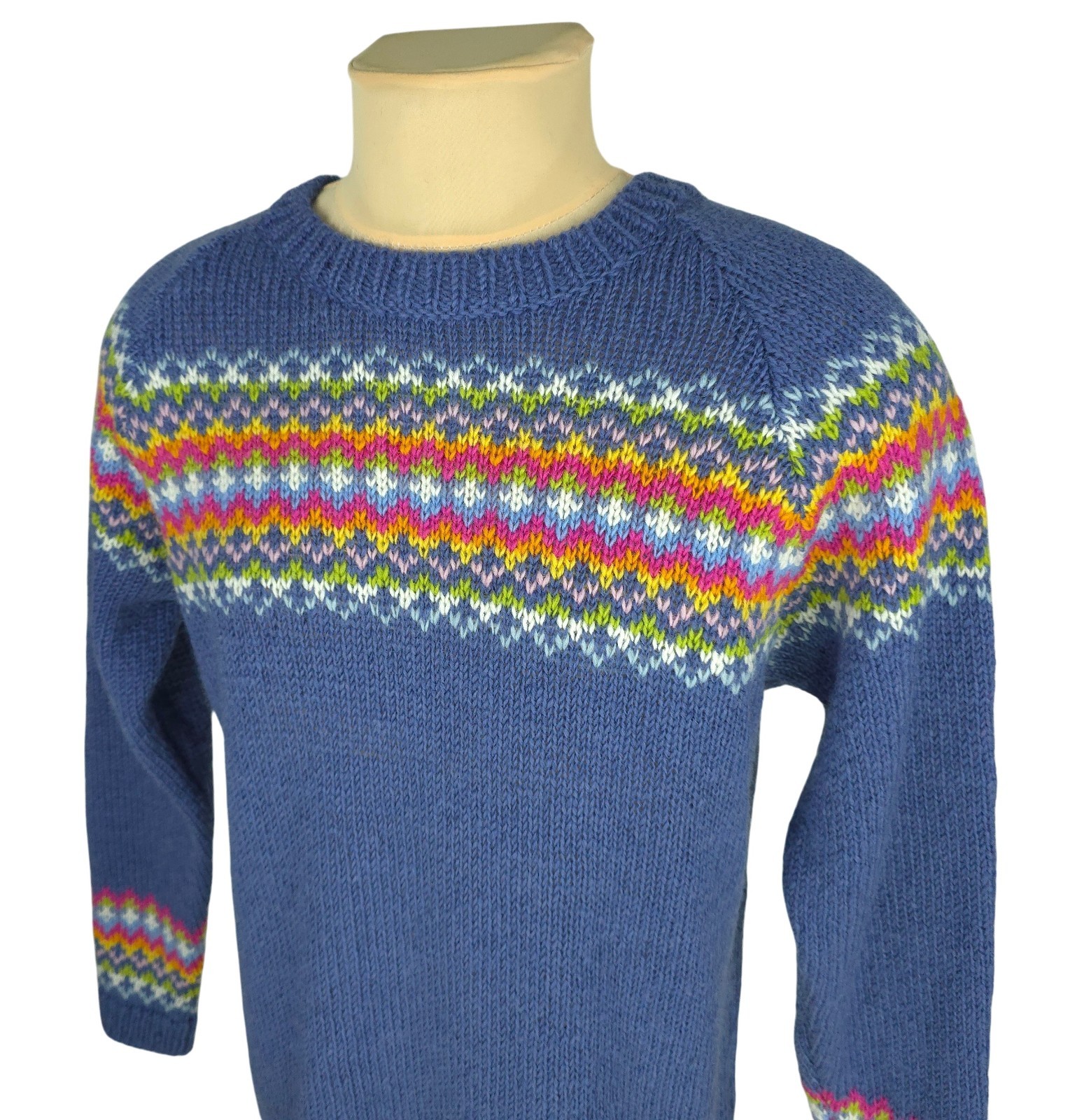 Pachamama Womens Wool Fine Knit Jumper Sweater Blue Fair Isle Handmade Size M