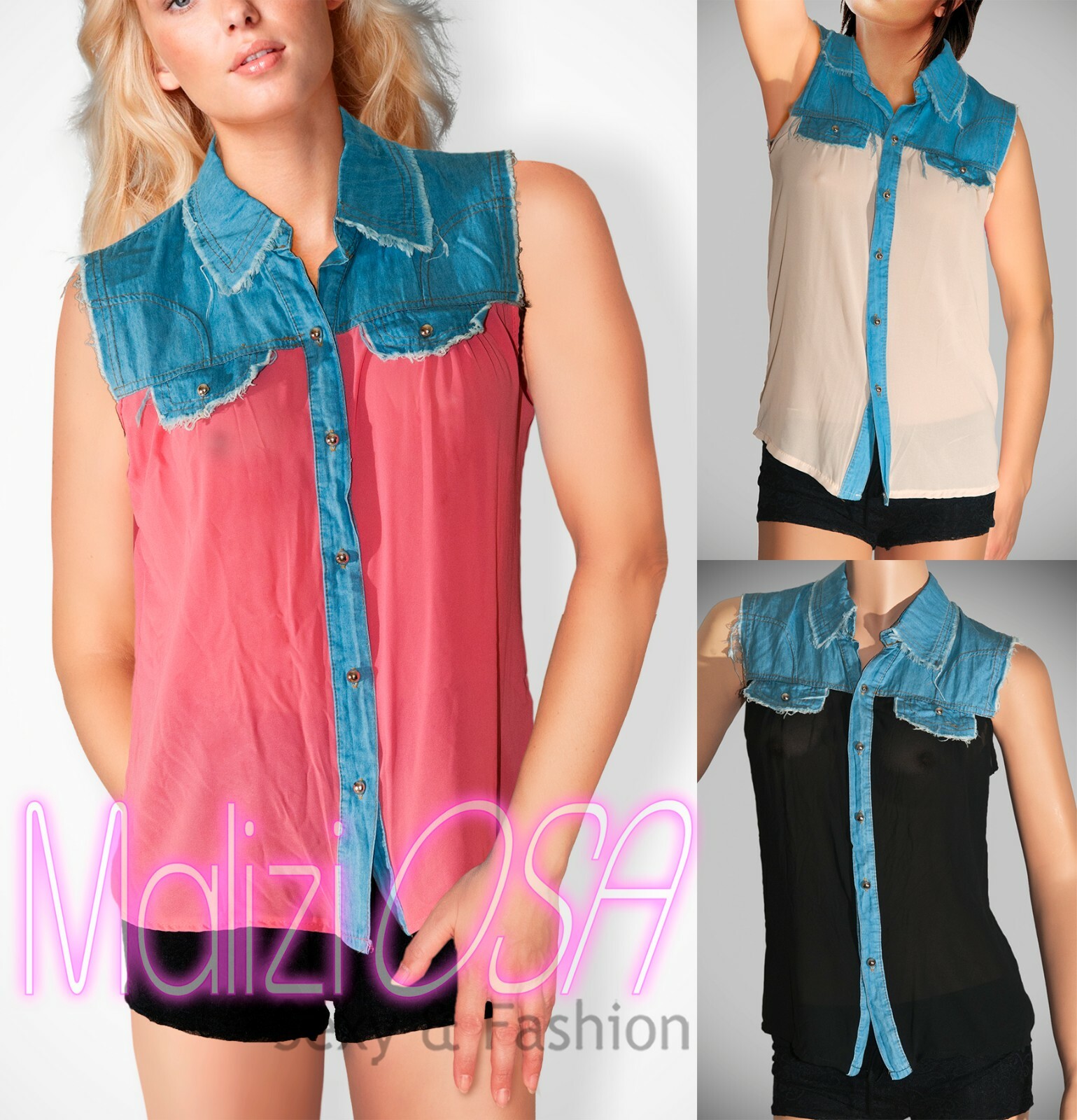 Women's Shirt Made IN Italy Jeans Cotton Blouse Sleeveless Denim