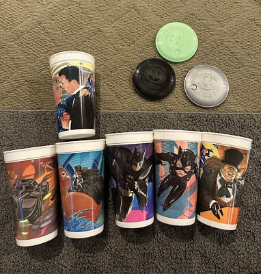 6 Batman Returns McDonald's Movie Cups Complete Set w/ 3 Lids DC Comics