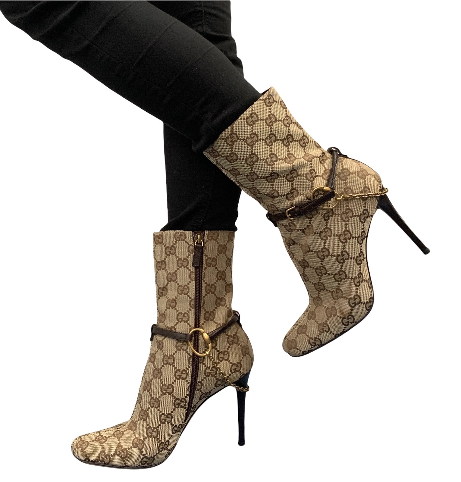 GUCCI Vintage GG Monogram Ankle Boots Heels Belt #36.5-37 GUCCI Vintage GG Monogram Ankle Boots Heels Belt #36.5-37