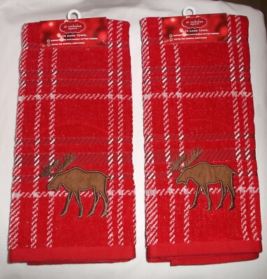 ST NICHOLAS SQUARE RED & WHITE PLAID MOOSE DESIGN HAND TOWEL 2 NEW NWT