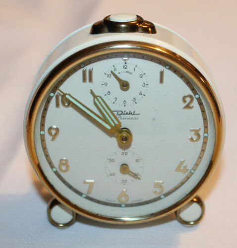Vintage Diehl Princess Mechanical Wind Up Alarm Clock Off White Germany Works