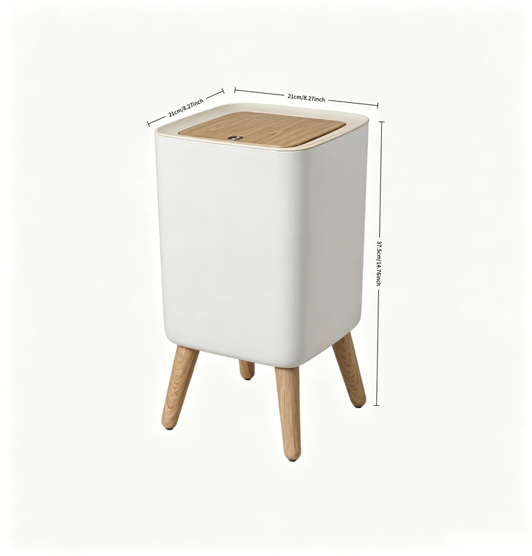 Nordic Standing Press‑Lid Trash Can, Square Cream White Plastic Waste Bin with D