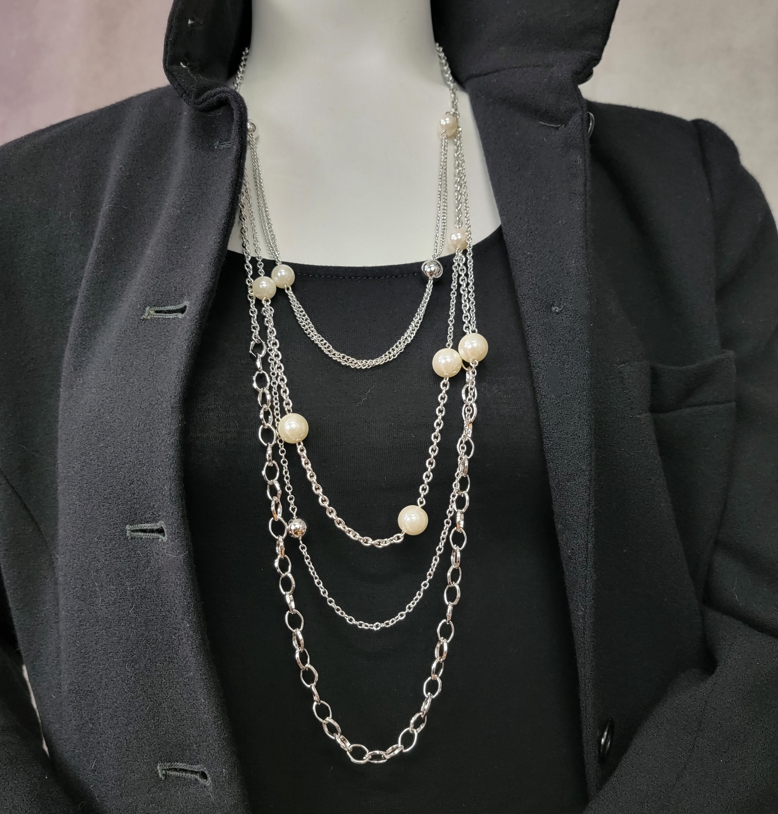 Premier Designs Long Multi Strand Faux Pearl Silver Chain
