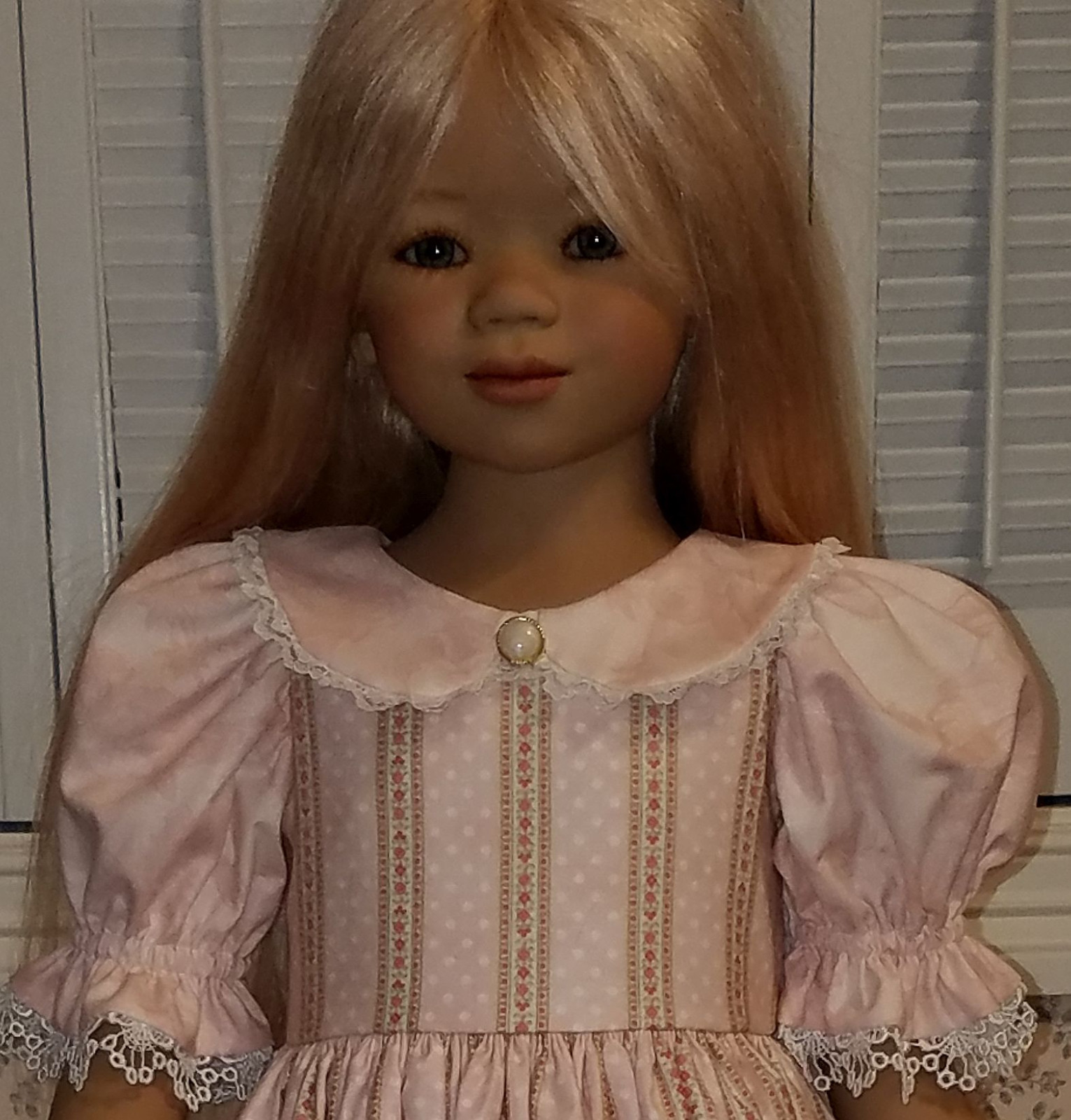 Peach w/Stripes Dress #2 (Off-White Trim) for lg Himstedt dolls-- made by Toni