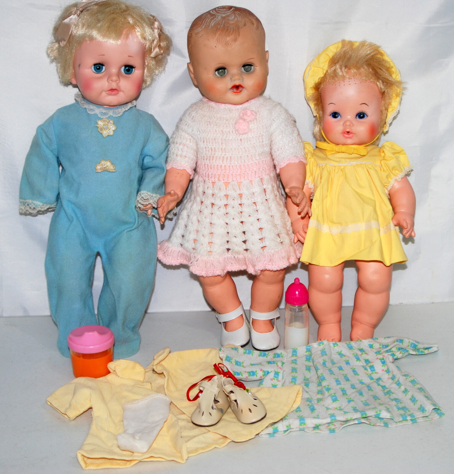 Vintage Eegee Baby Dolls Lot 3 Extra Clothes Dress Shoes Bottles Flannel Crochet
