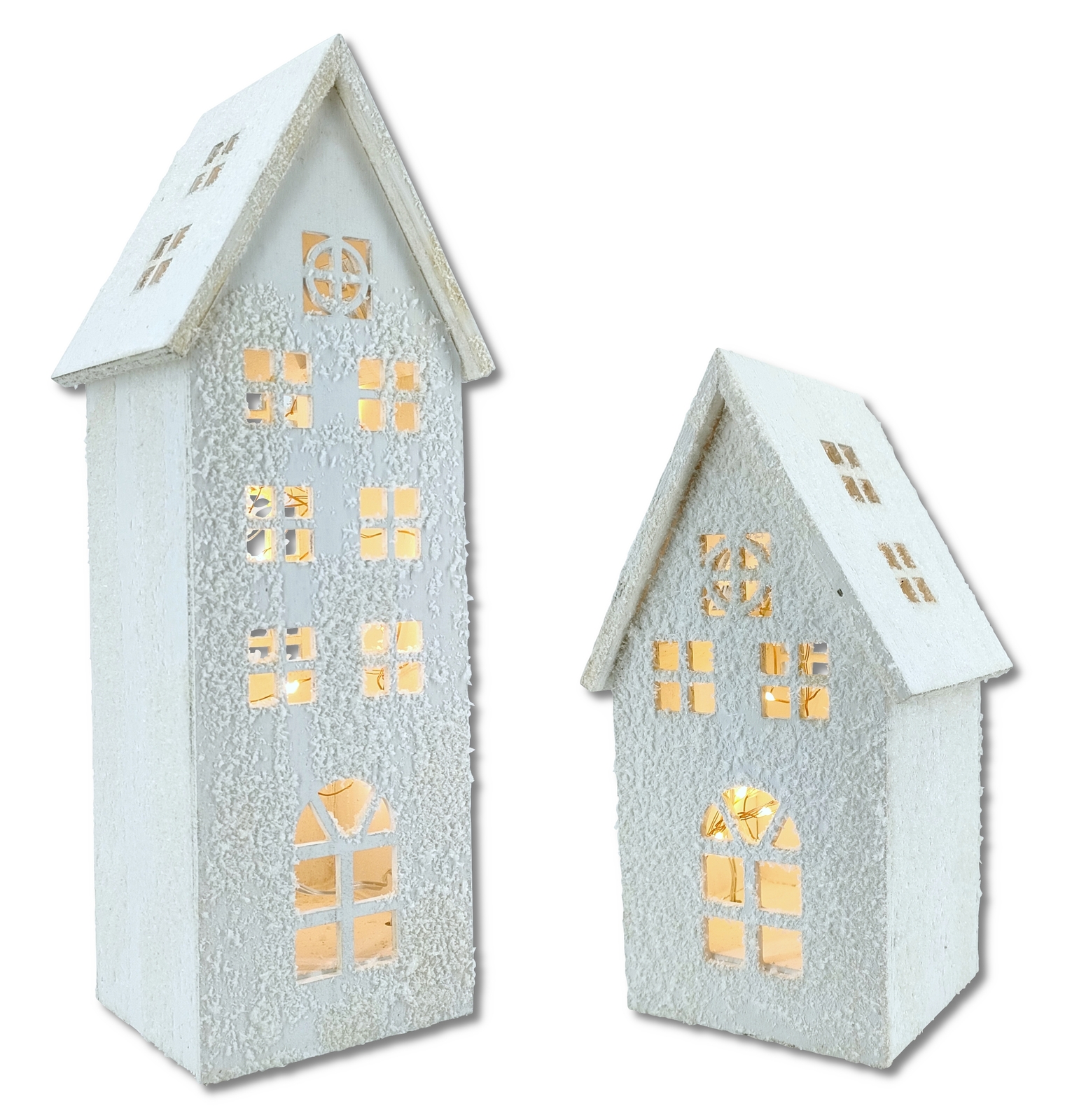 Holz LED Haus weiß schneebedeckt  2er Set - klein und groß Schnee Lichthaus Deko