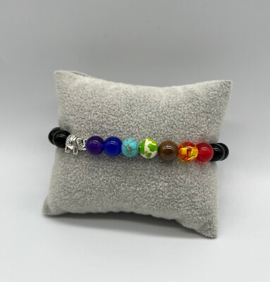 7 Chakra Reiki Healing Elephant Beaded Elastic Black Bracelet Natural Stone