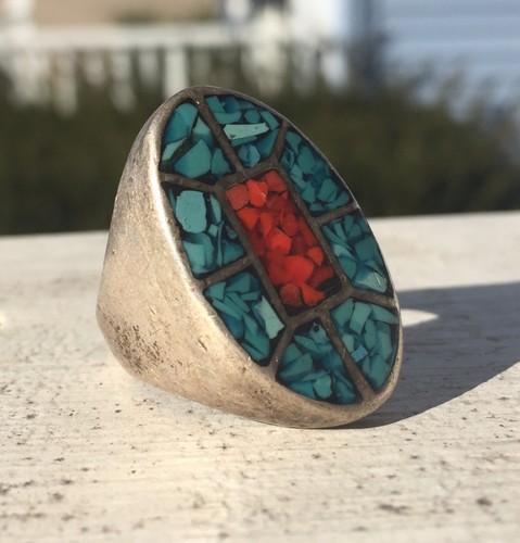 Vintage Silver 925 Southwestern Turquoise & Red Coral Chip Inlay Ring Size 8