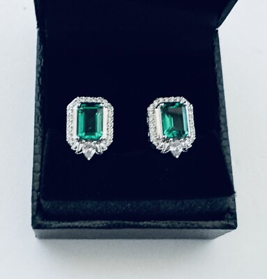Gold Coast Platinum Plated Green Rectangular Faux Emerald Pierced Earrings