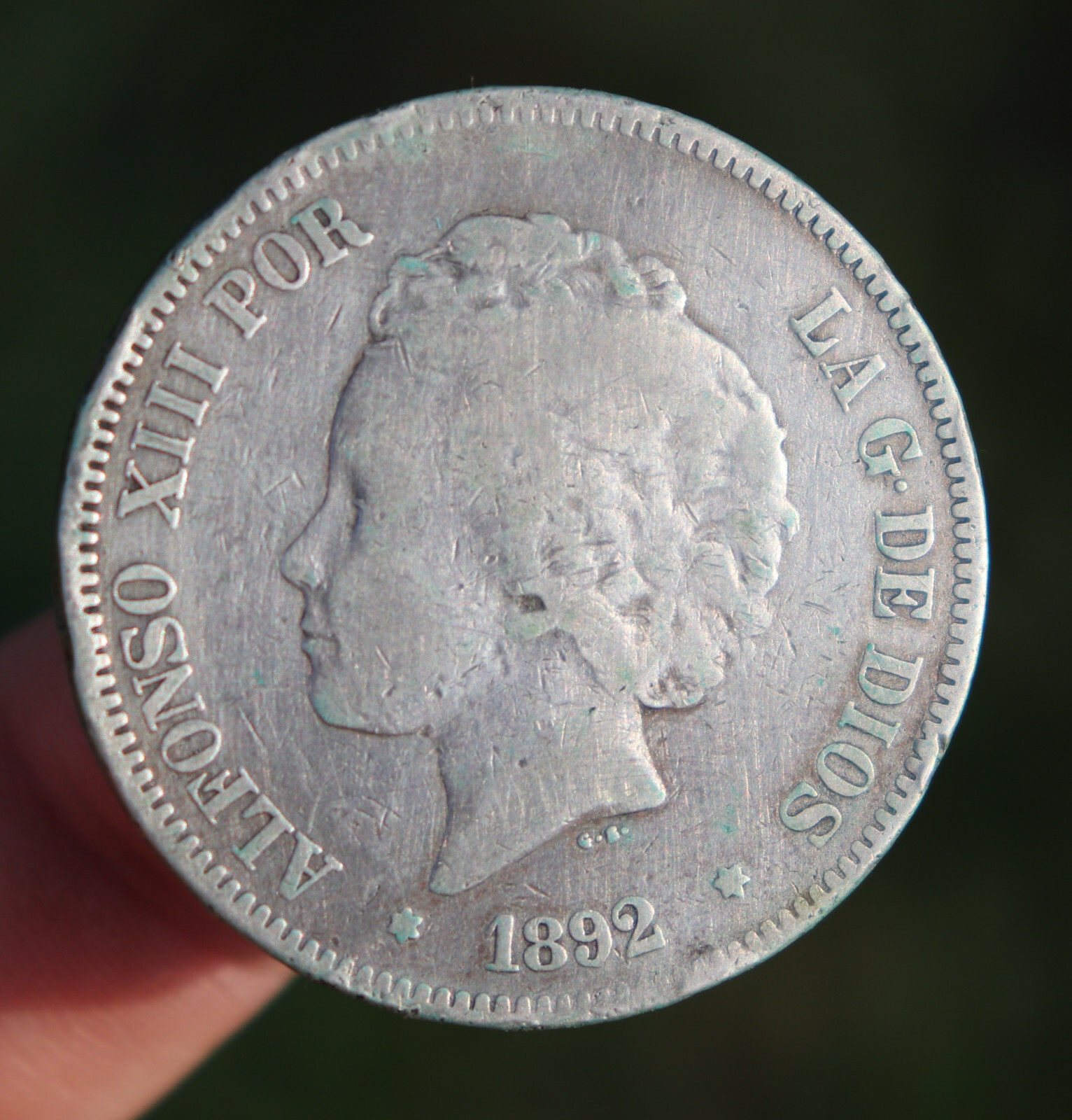 Alfonso XIII as a 6 year-boy, silver Spanish coin 5 pesetas