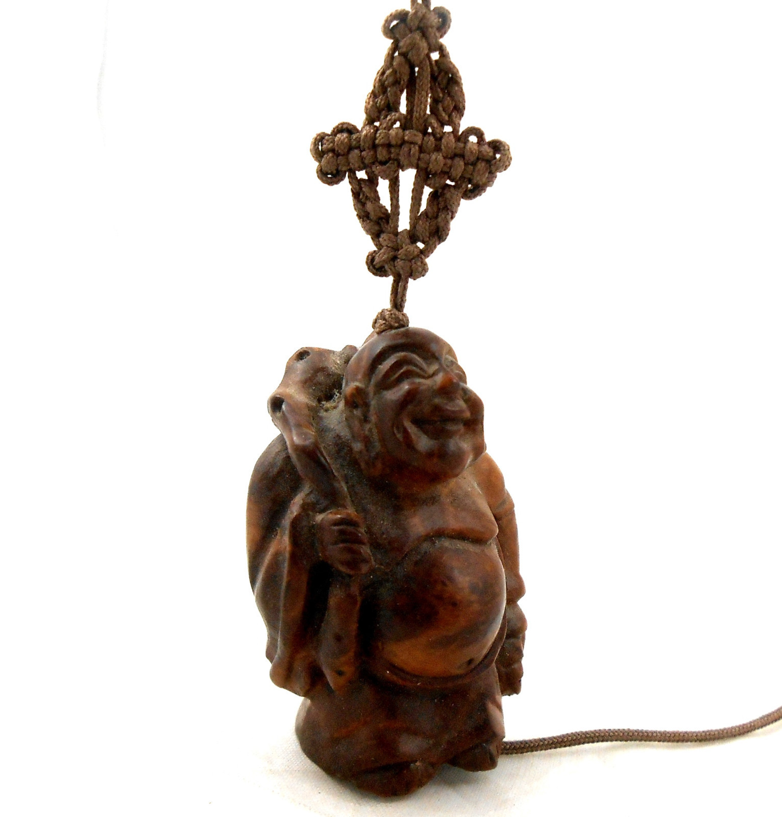 Japanese Netsuke Pendant Carved Boxwood Burlwood BUDDHA Necklace