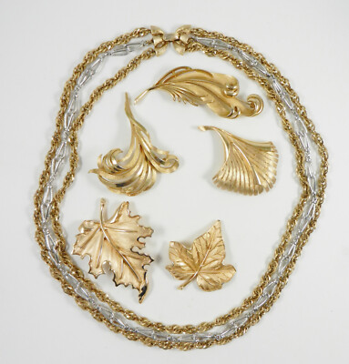 Vintage Crown Trifari Gold Silver Tone Leaf Pins 3 Strand Necklace Lot 6pc