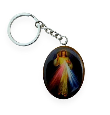 Divine Mercy Brown Wood Oval Charm Keychain Llavero Divina Misericordia Madera