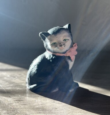 Hubley Vintage Cast Iron Black and White Kitten Paperweight with Pink Bow