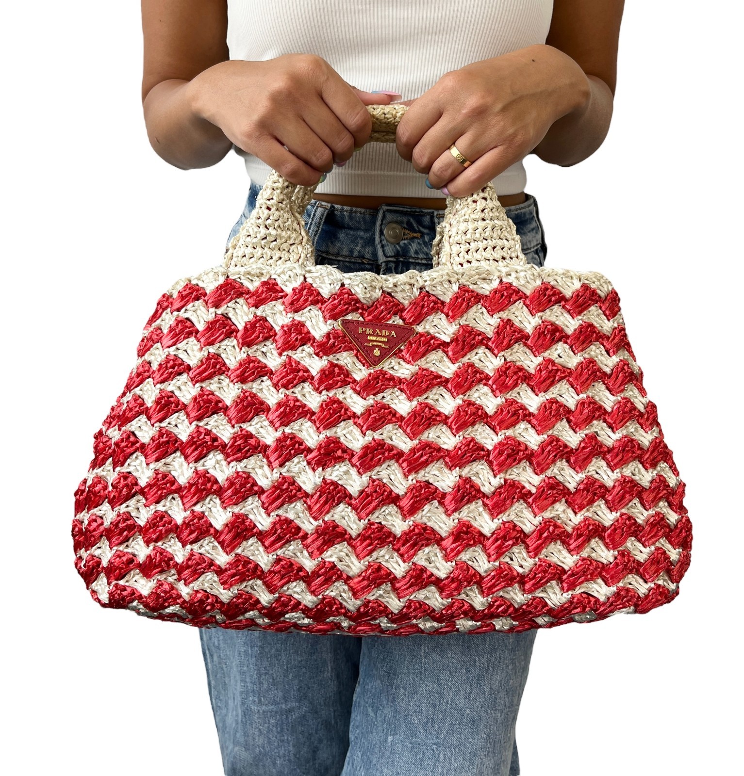 PRADA Vintage Logo Raffia Tote Bag Handbag Red Cream Gold