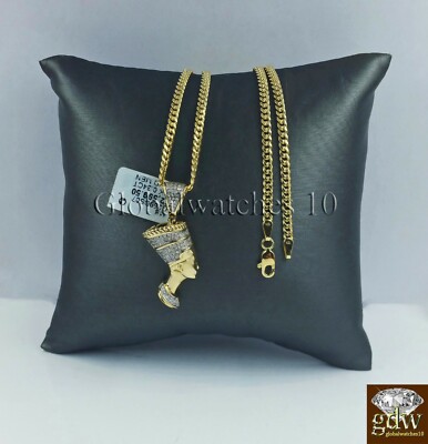 Pre-owned Globalwatches10 10k Gold Diamond Egyptian Queen Nefertiti Charm With 22"inch Miami Cuban Chain In White