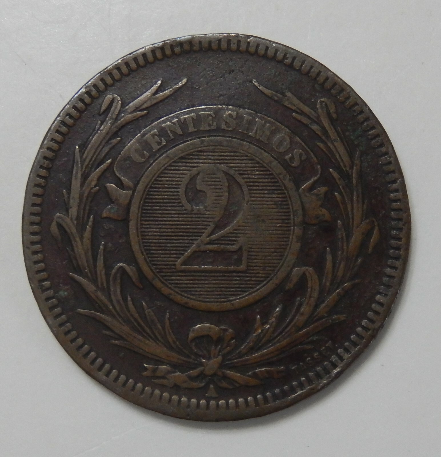 1869 Uruguay 2 Centensimos Bronze Coin