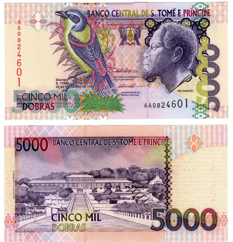Saint Thomas TomÃ© Prince Billet 5000 Dobras 1996 P65a Oiseau Rei Amador Unc Neuf