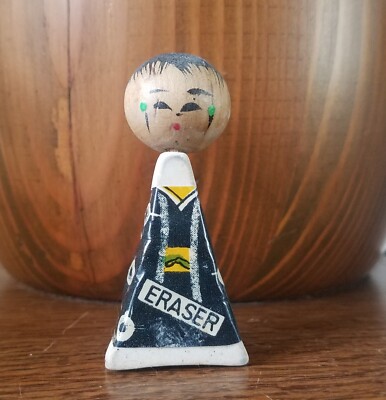 Vintage Japanese Kokeshi Triangle Shaped Eraser w/ Wooden Head
