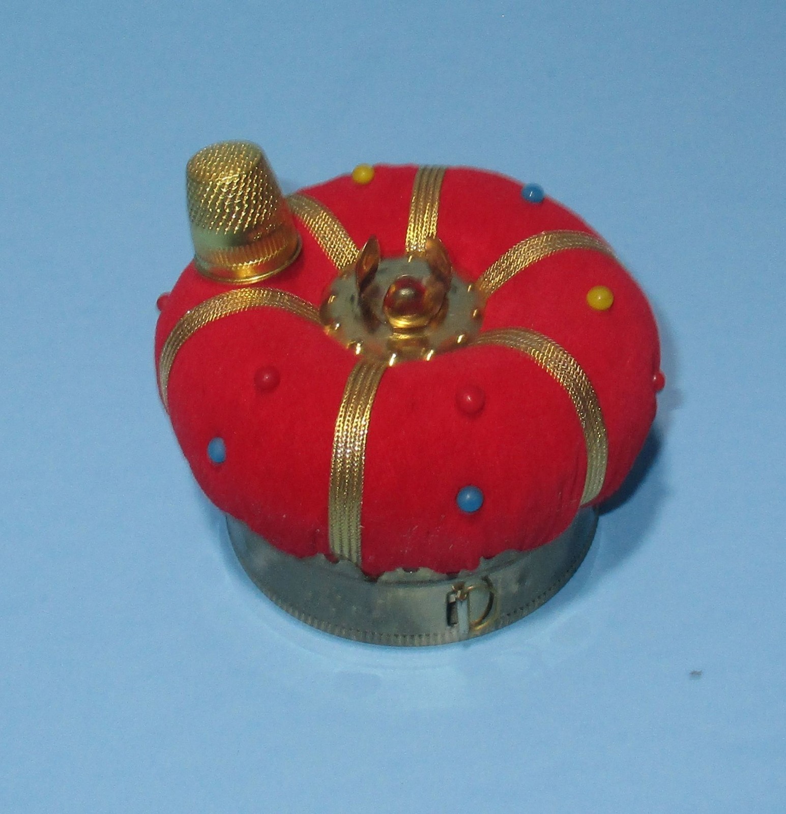 Vintage Crown Pin Cushion w/Thimble Tape Measure Original Box