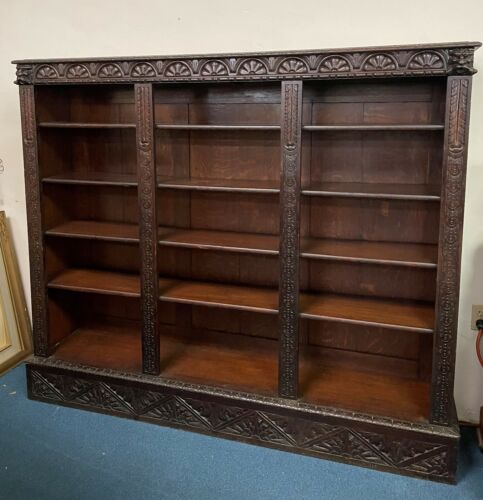 ANTIQUE 19th CENTURY LARGE CARVED SOLID  OAK OPEN LIBRARY BOOKCASE LION HEADS 