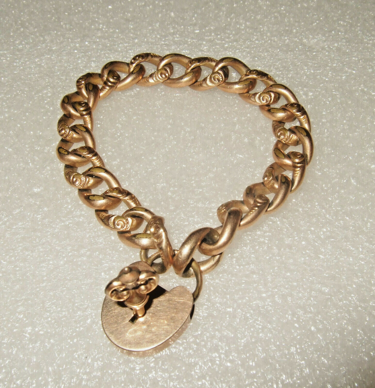 Antique Victorian Rose Gold Filled Ornate Heart Padlock w Key Chain Bracelet