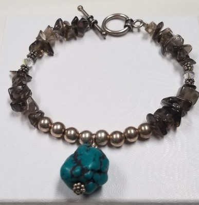 8'' Black Obsidian Chip Silver Bead SS Wire Turquoise Nugget Pendant Bracelet