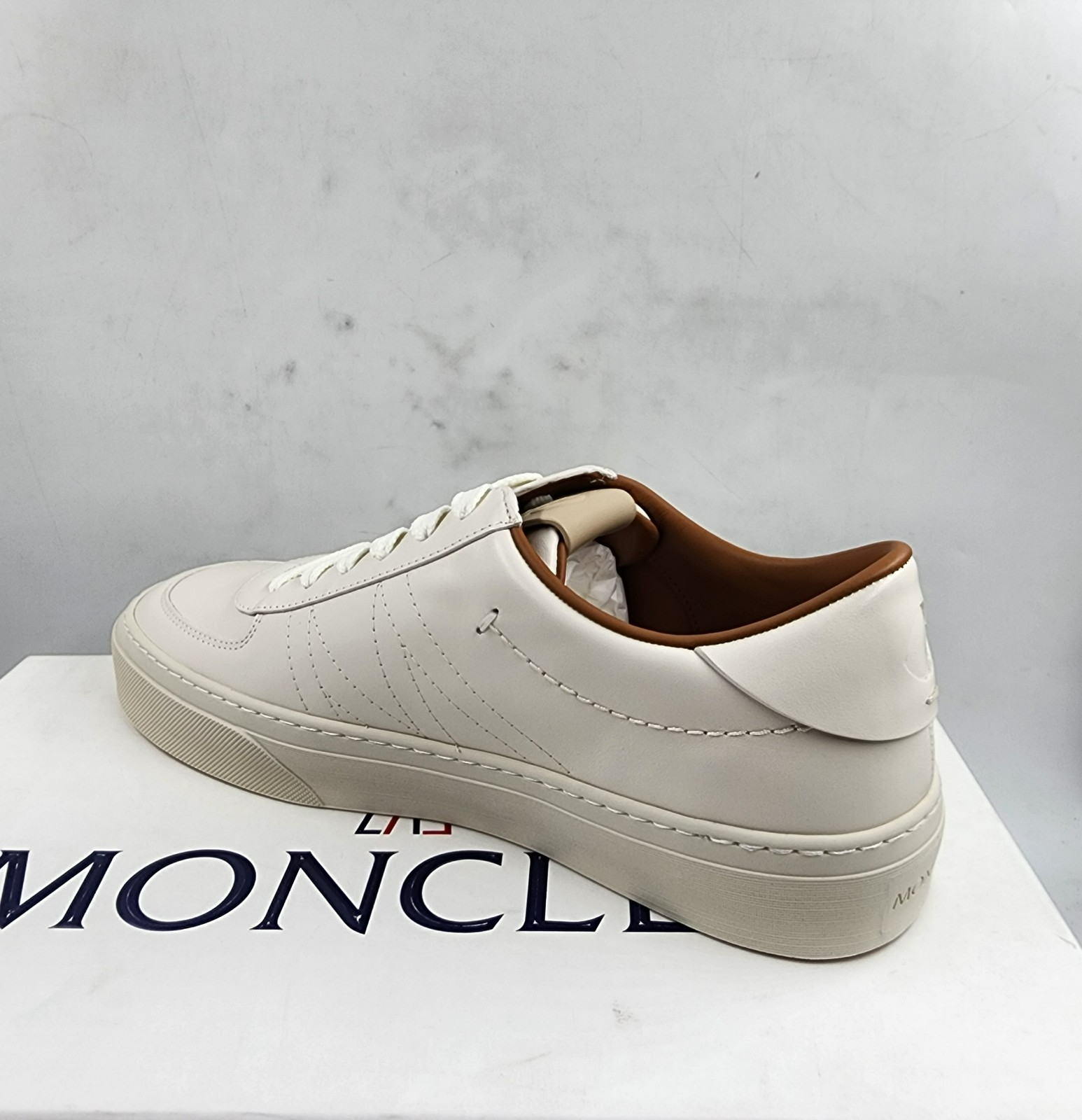 Moncler Monaco Club Low Top Leather Sneakers Men's 42/9US Cream White Lace Up - Picture 13 of 20