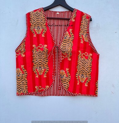 Handmade Cotton Quilted Jacket Tiger Printed Reversible Open Front Dori Vest