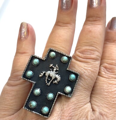 10.224   Vintage rings, 2 pieces, crosses, turquoise, silver tone