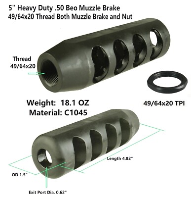 Steel 5'' 18.1 OZ Extra Heavy Duty 49/64x20 TPI Competition Muzzle Brake For .50