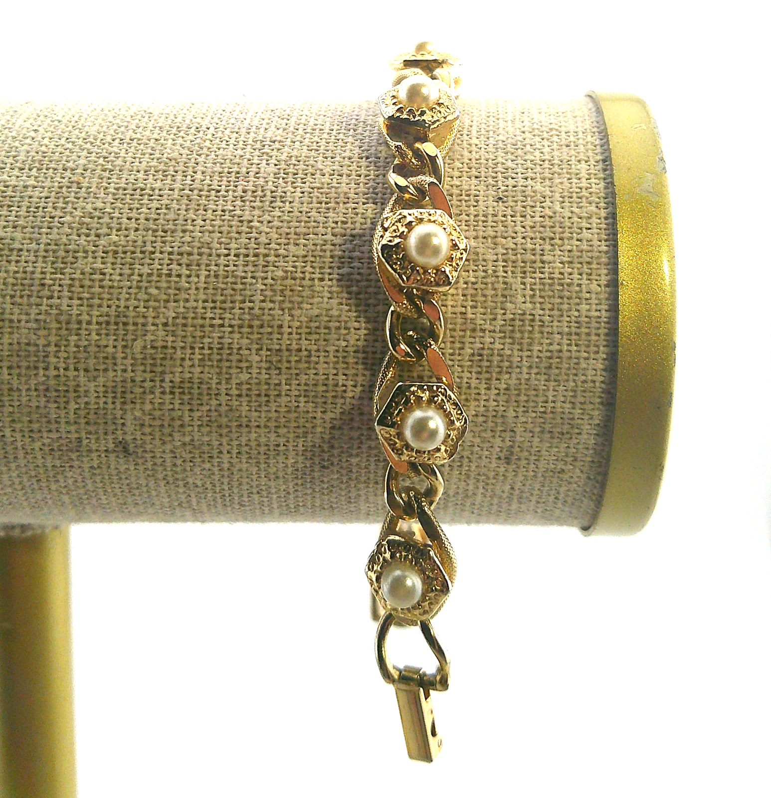 VTG Goldette Link Bracelet Gold Tone Faux Pearl 7” Estate