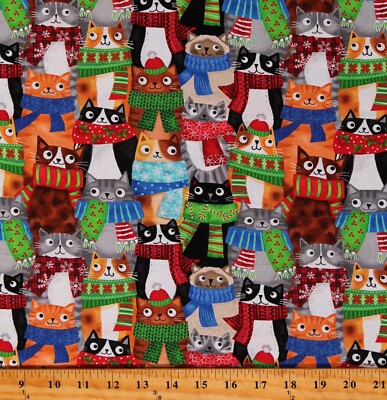 Cotton Christmas Cats Kittens Animals Multicolor Fabric Print by Yard D506.96