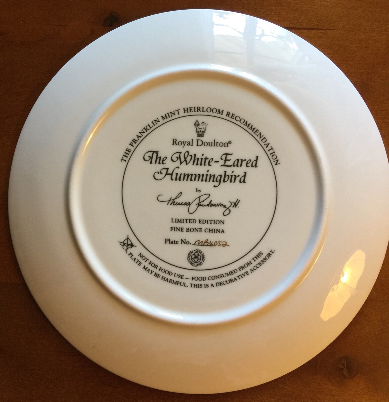 White-Eared Hummingbird Theresa Politowicz Franklin Mint Collector Plate