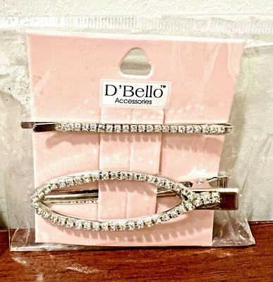 NEW D'Bello Accessories 2 Piece Hair Silver Color Clips w/Rhinestones Set
