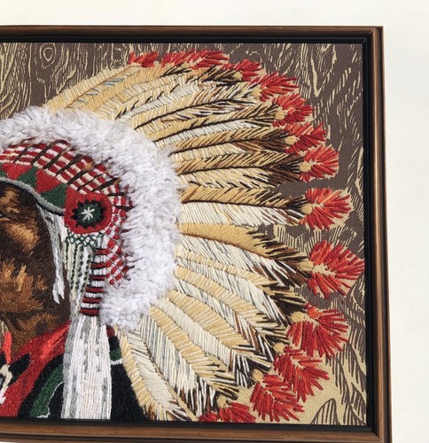 Vintage Indian Chief Needle Punch With Feathered Headdress  19”x16” Punch Needle