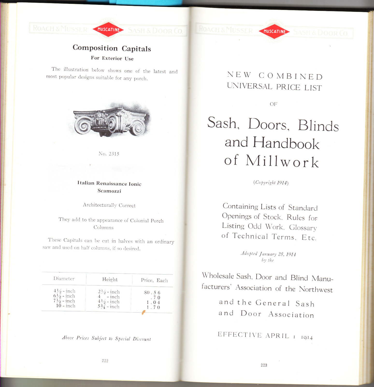 MILLWORK CATALOG -1914 Roach & Musser Sash & Door Co. Muscatine Iowa. Near Fine