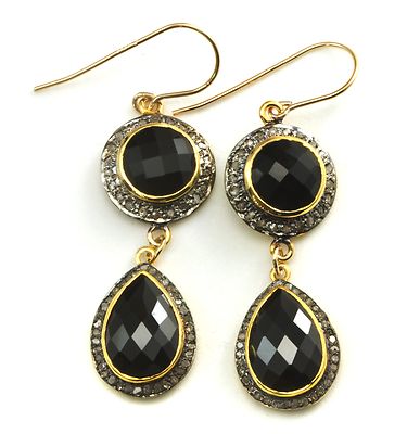 Pre-owned Spyglass Designs 14k Yellow Gold Black Onyx Earrings Pave Champagne Diamonds Bezel Double Long