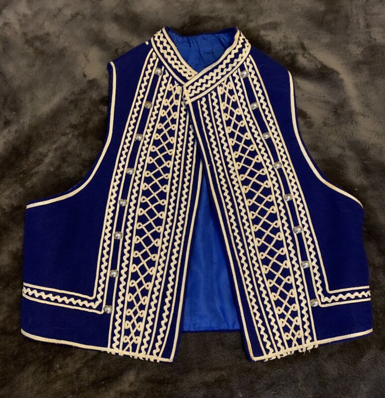 Vintage Greek Traditional Evzone Guard Blue Vest, White Embroidery Silver Studs