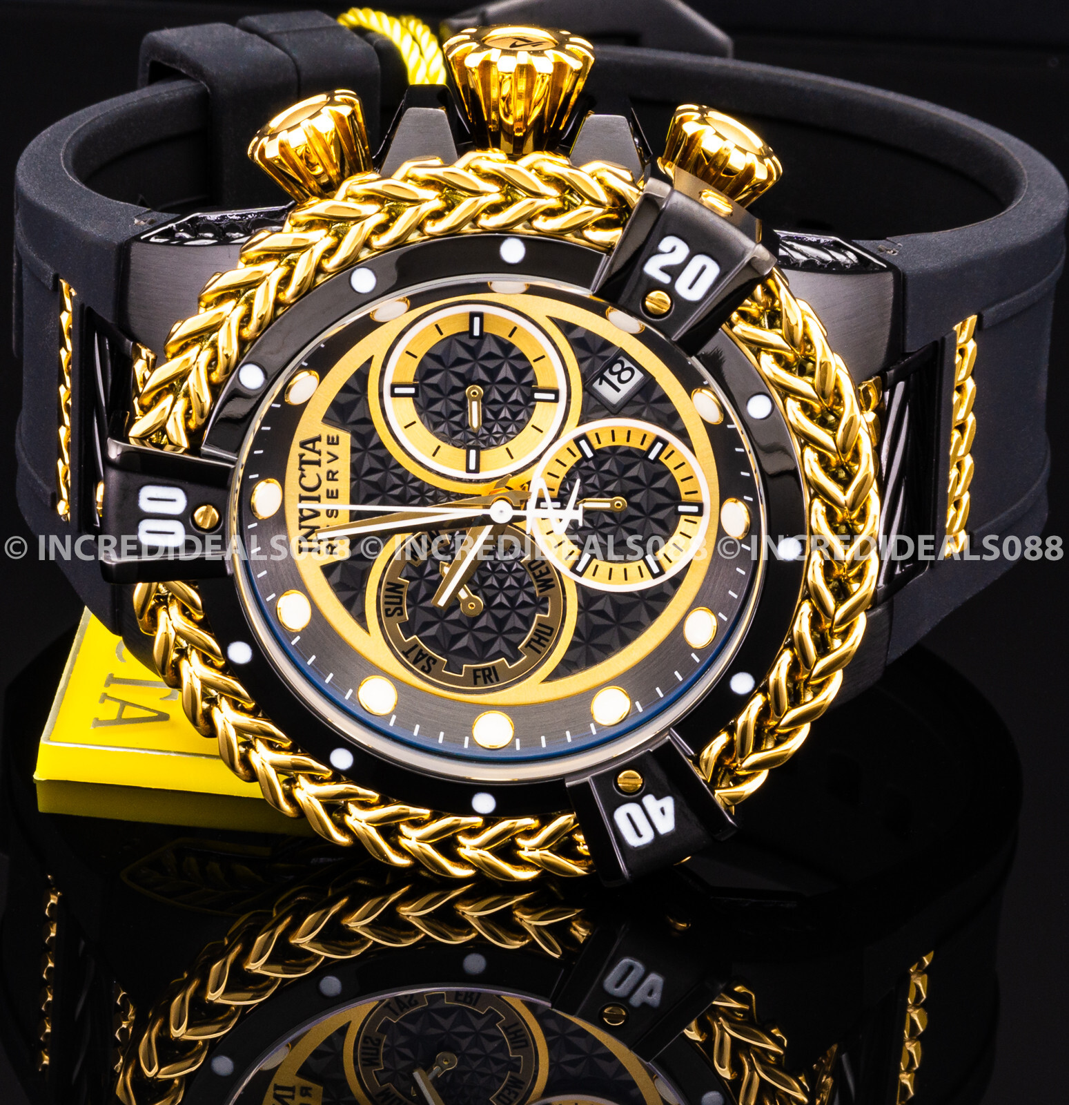 Pre-owned Invicta Reserve Bolt Hercules Swiss Chronograph 18k Gold Plated Black Dial Watch