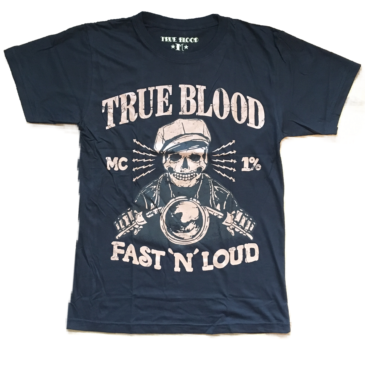 Men's True Blood Biker T shirt Live Fast Motorbike Skull