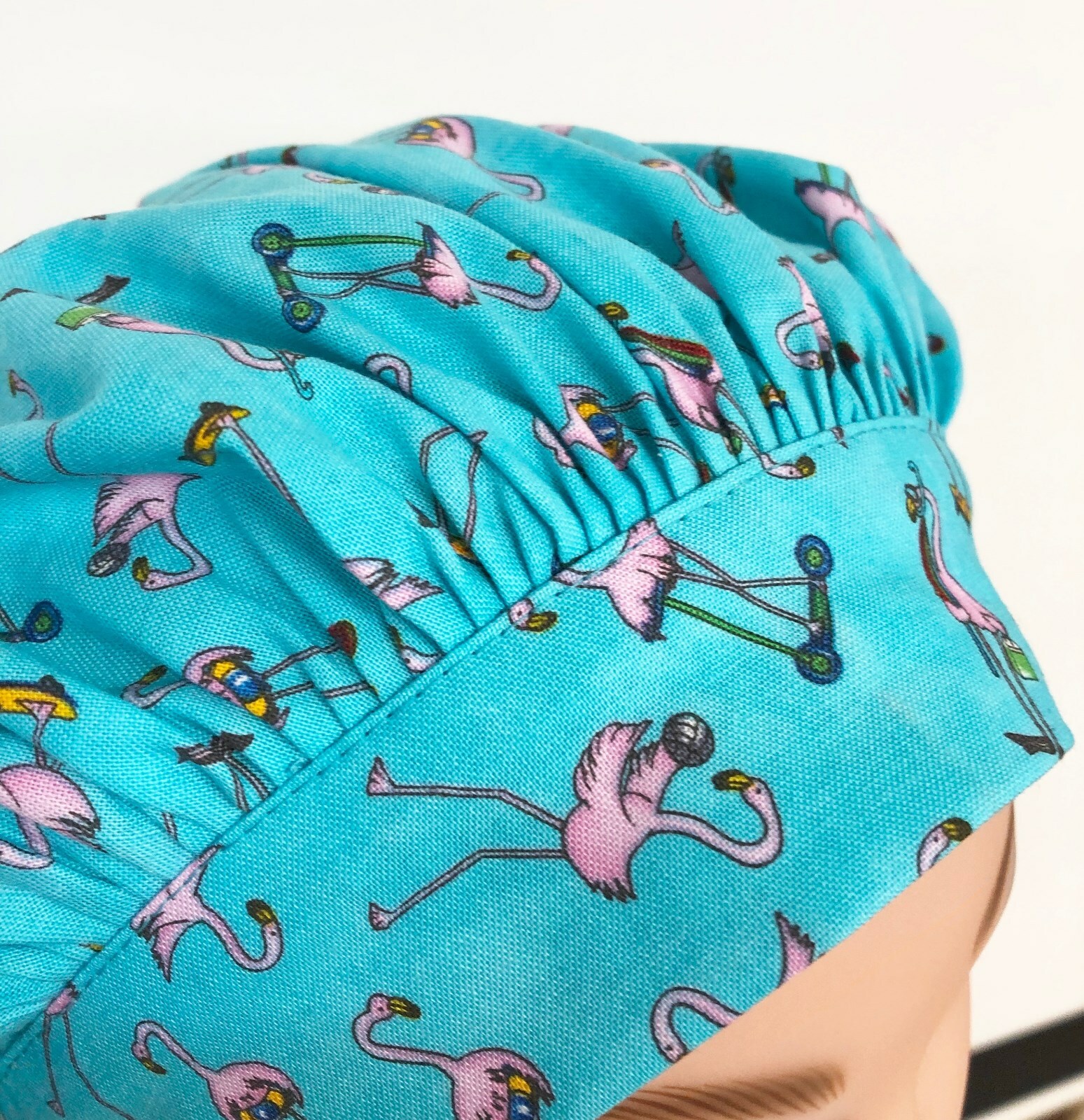Scrub hat, Tie Back Bouffant with Full Band, Pink Flamingos on Turquoise
