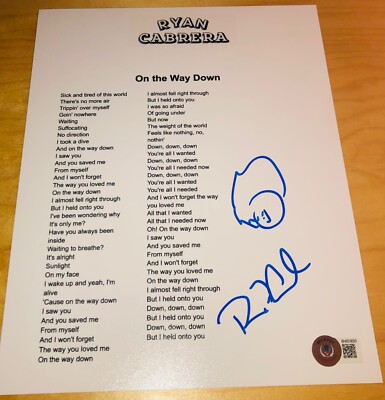 Ryan Cabrera On The Way Down Signed + Sketched Lyric Sheet Beckett RARE B