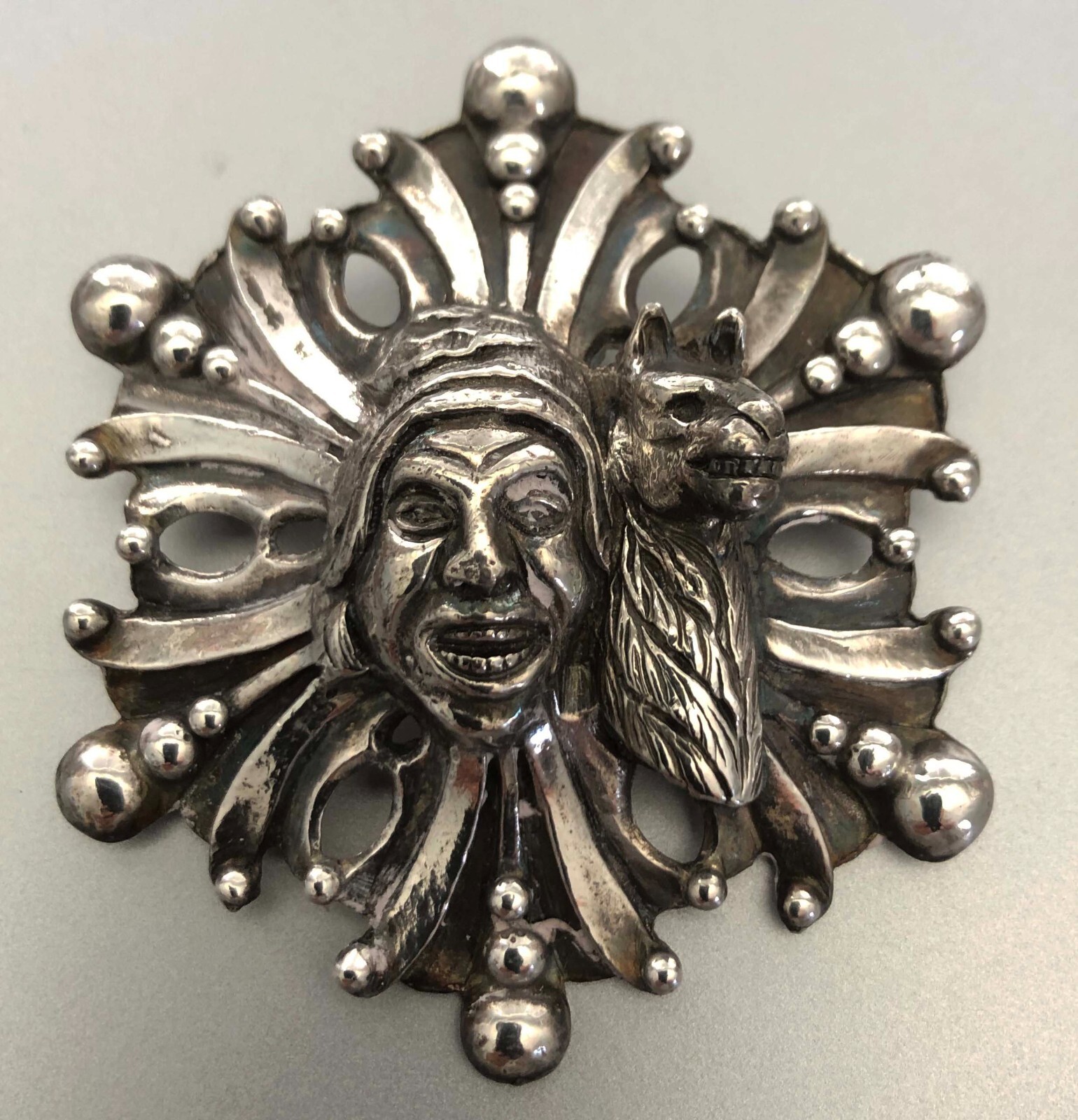 Peruvian Art Signed Silver Tone Laughing Man with Llama
