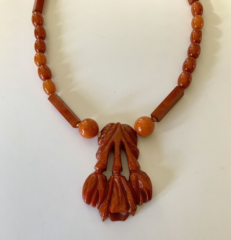 Antique Vintage Amber Orange Hand Carved Bakelite Necklace