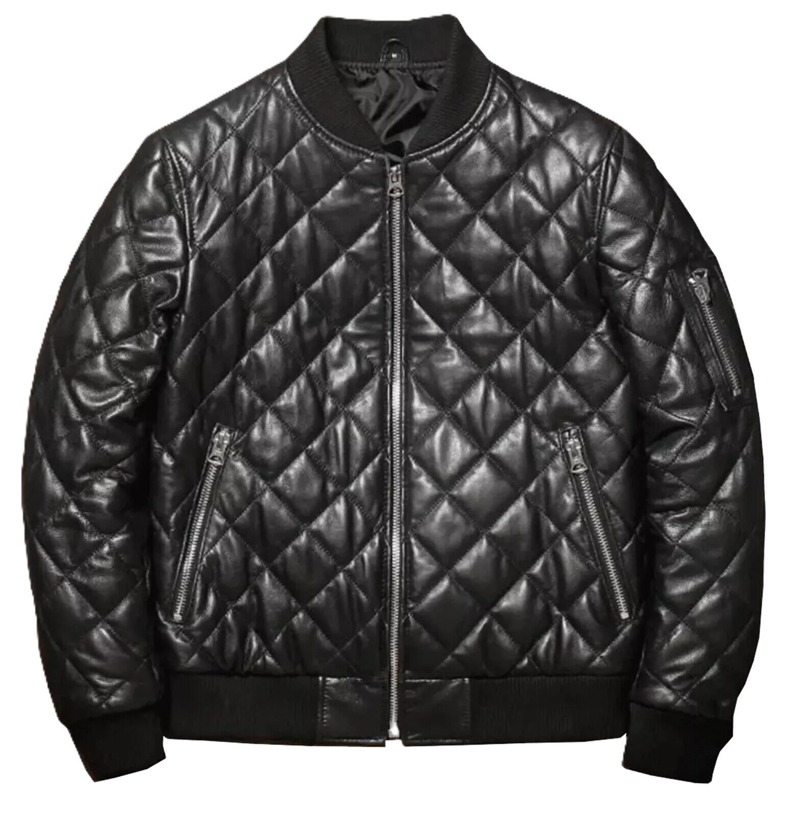 Men's Black Quilted Bomber Jacket 100% Genuine Leather Knitted Rib Biker Jacket | eBay Men's Black Quilted Bomber Jacket 100% Genuine Leather Knitted Rib Biker Jacket | eBay