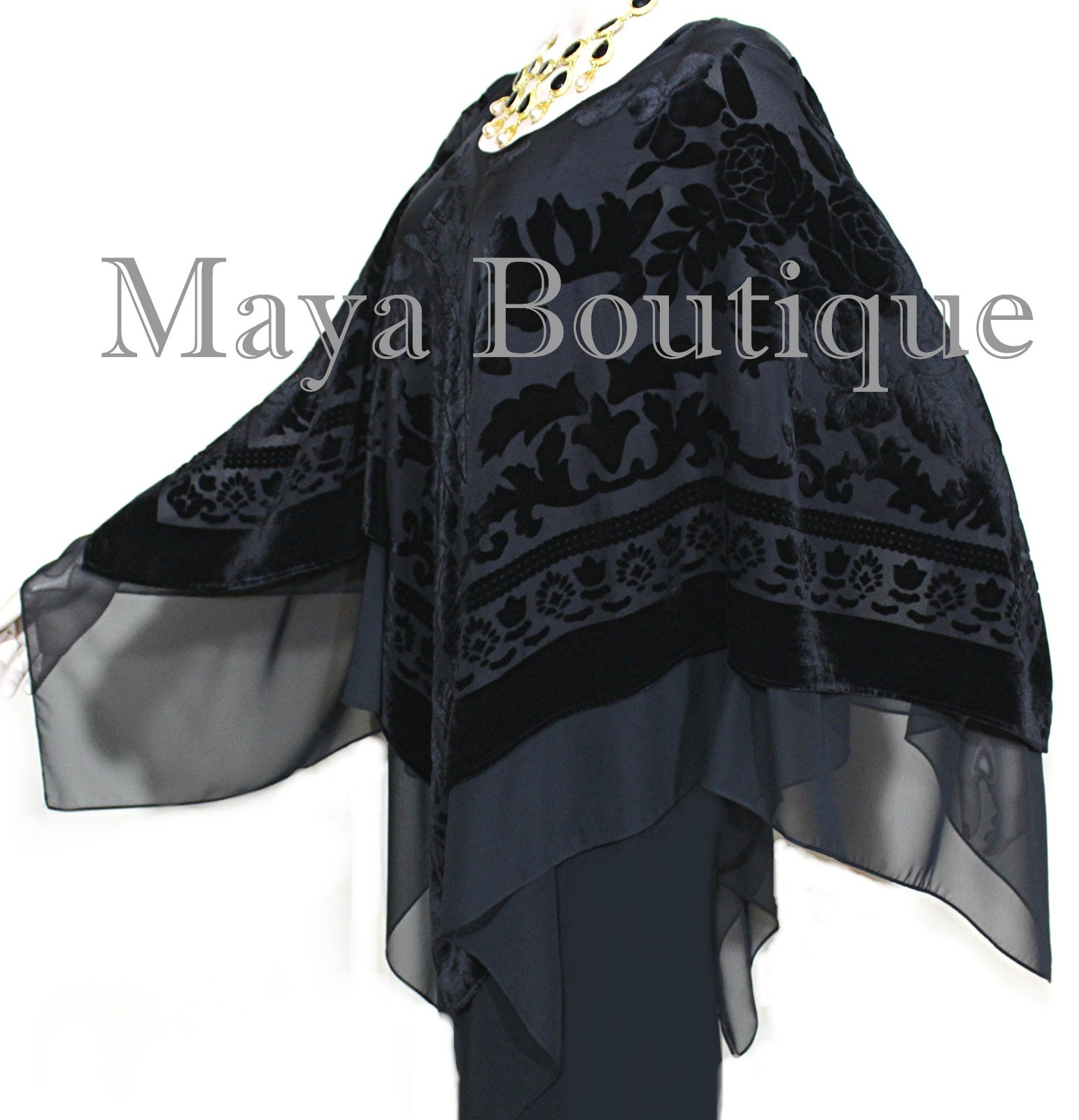 Pre-owned Maya Matazaro Black  Layered Poncho Top Burnout Velvet & Chiffon Made In Usa